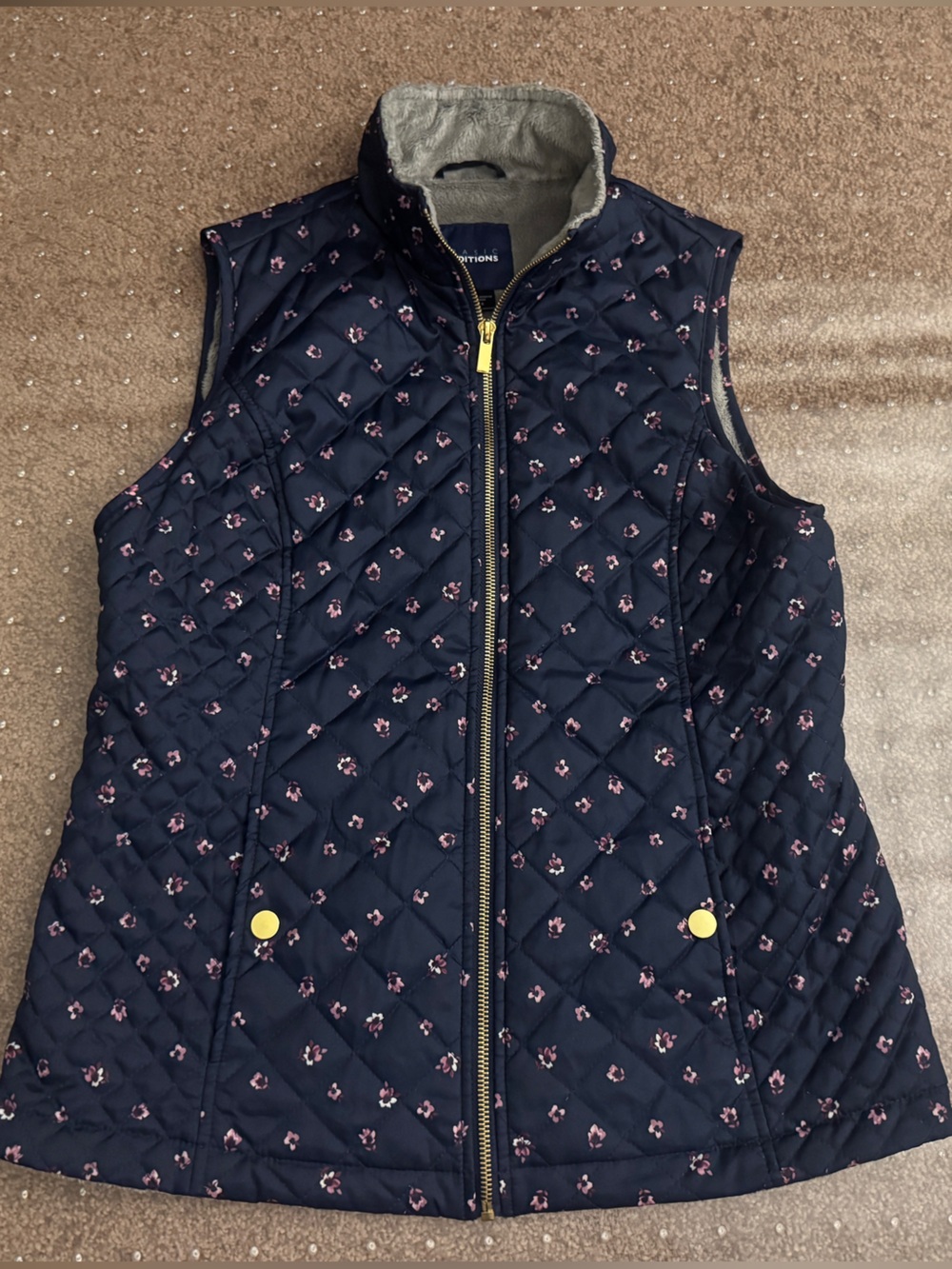 Basic Editions Navy Quilted Vest with Pink Floral Print